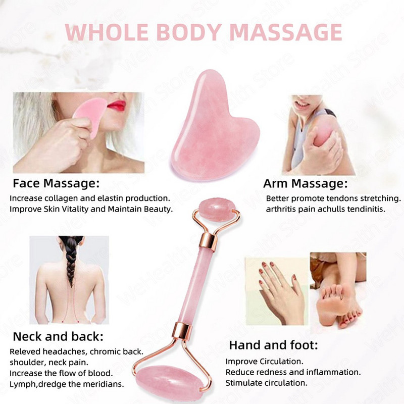 Rózsakvarc Természetes Gua Sha Jade Roller Beauty Skin Care Set Masszírozó Arc Gouache Kaparó Arc Lifting Szépség Masszázs eszköz