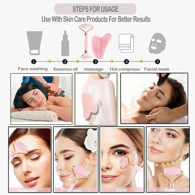 Rózsakvarc Természetes Gua Sha Jade Roller Beauty Skin Care Set Masszírozó Arc Gouache Kaparó Arc Lifting Szépség Masszázs eszköz