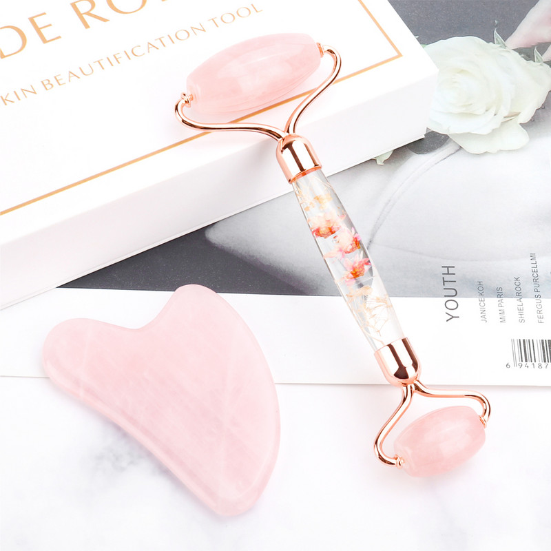 Arcmasszírozó Jade Roller Gua Sha készlet virágos gouache kaparóval az archoz Jade Stone arcmasszírozó görgő a nyak szemek testmasszírozójához