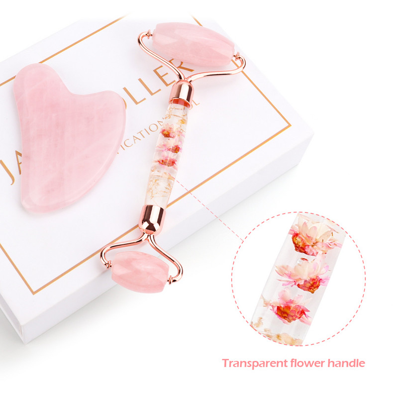 Arcmasszírozó Jade Roller Gua Sha készlet virágos gouache kaparóval az archoz Jade Stone arcmasszírozó görgő a nyak szemek testmasszírozójához