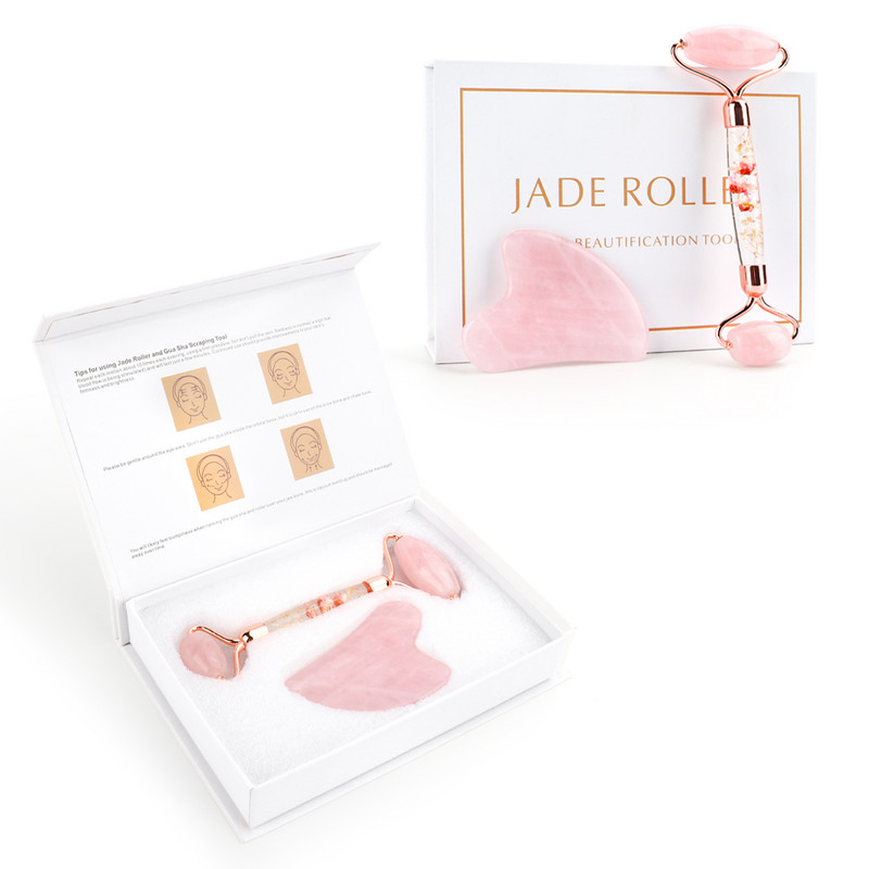 Arcmasszírozó Jade Roller Gua Sha készlet virágos gouache kaparóval az archoz Jade Stone arcmasszírozó görgő a nyak szemek testmasszírozójához
