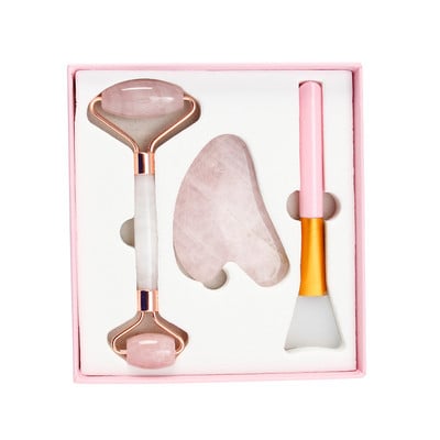 Rose Quartz Powder Crystal Jade Roller Massager Prirodni Pink Gua Sha Stone Maska Četka Uređaj za uljepšavanje lica Alat za njegu kože lica