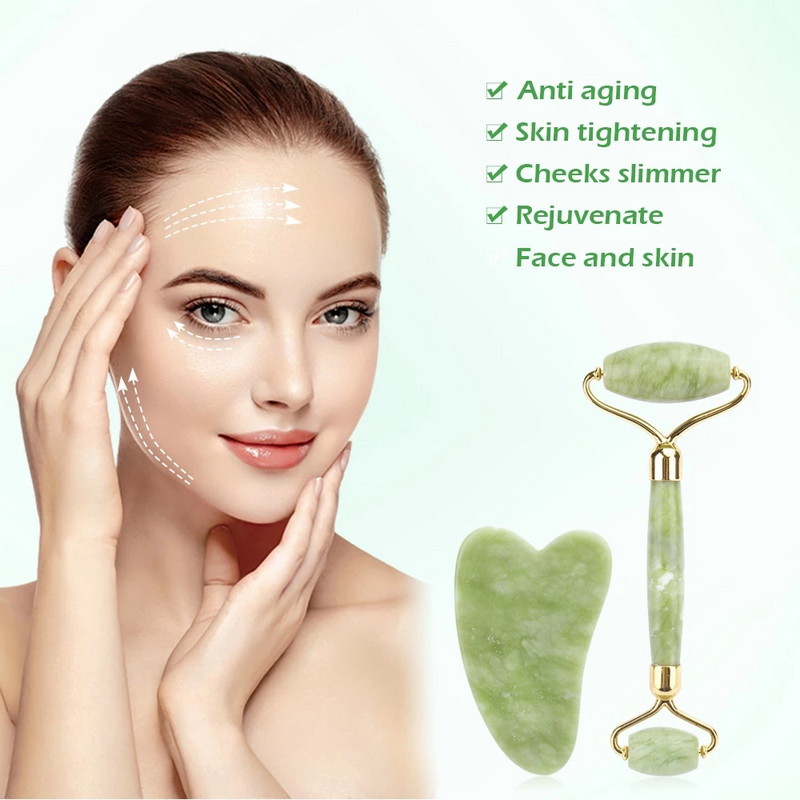Természetes Rózsakvarc Jade Roller Gua Sha Set Arcmasszírozó Roller Jade Köves masszázskészlet Arc lifting Beauty Skin CareTool