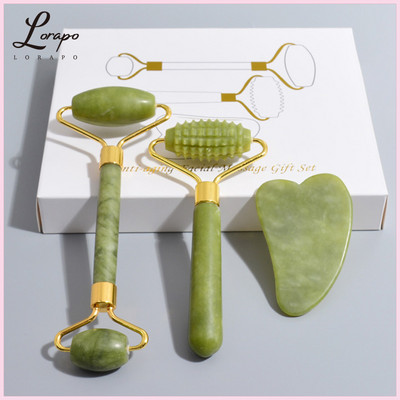 3 vnt. Veido masažuoklis Roller Massager Natural Jade masažo ritinėlių mentelių rinkinys Veido priežiūros volelis Veido Jade Roller Masažas