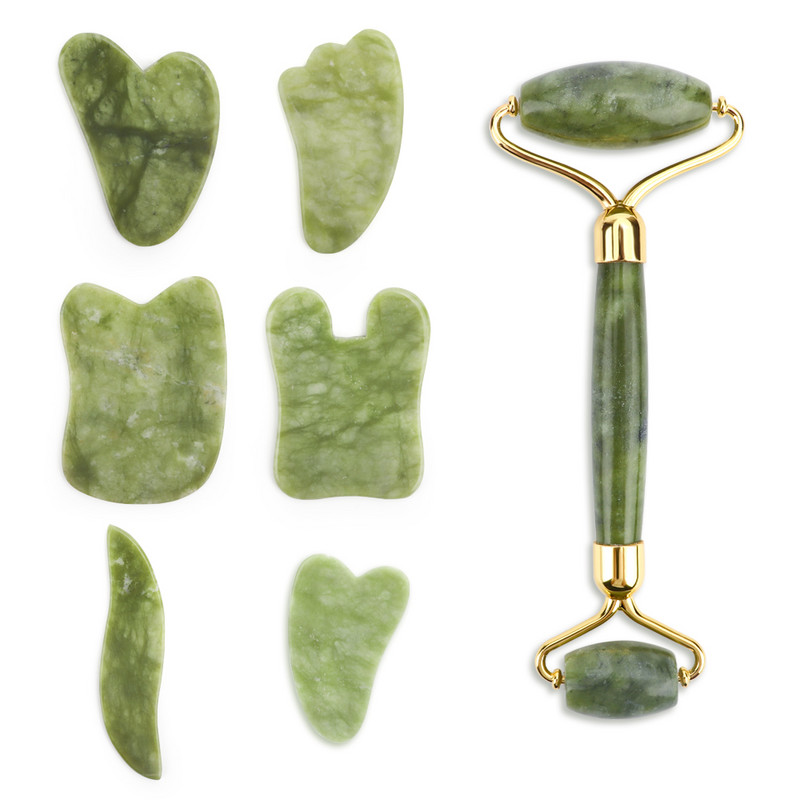 Natural Face Roller Gua Sha Set Rózsakvarc Jade Hengermasszírozó Stone Beauty Health Bőrápolás Masszázseszköz Masszírozó arcra