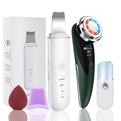 Ultrazvučni piling kože Masažer za lice 2+3 kompleta Ionski odstranjivač mitesera Lopata za ljuštenje Čistač EMS LED stroj za podizanje lica