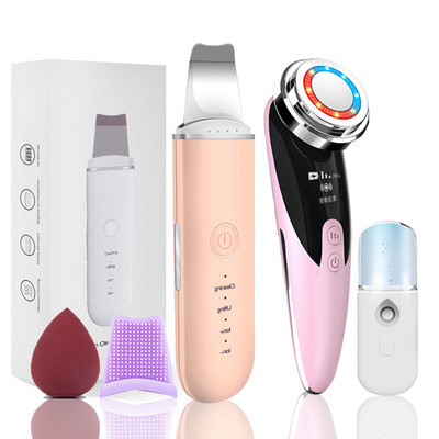Ultrazvučni piling kože Masažer za lice 2+3 kompleta Ionski odstranjivač mitesera Lopata za ljuštenje Čistač EMS LED stroj za podizanje lica