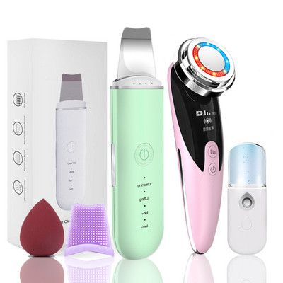 Ultrazvučni piling kože Masažer za lice 2+3 kompleta Ionski odstranjivač mitesera Lopata za ljuštenje Čistač EMS LED stroj za podizanje lica