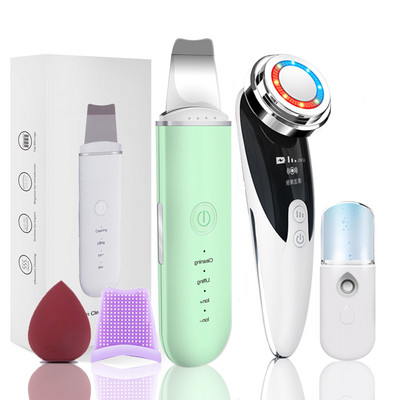 Ultrazvučni piling kože Masažer za lice 2+3 kompleta Ionski odstranjivač mitesera Lopata za ljuštenje Čistač EMS LED stroj za podizanje lica