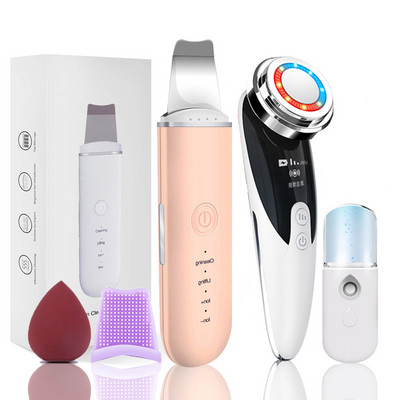 Ultrazvučni piling kože Masažer za lice 2+3 kompleta Ionski odstranjivač mitesera Lopata za ljuštenje Čistač EMS LED stroj za podizanje lica