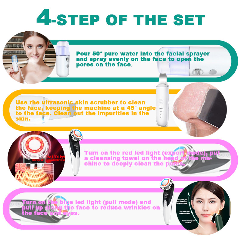 Ultrazvučni piling kože Masažer za lice 2+3 kompleta Ionski odstranjivač mitesera Lopata za ljuštenje Čistač EMS LED stroj za podizanje lica
