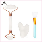 Natural Rose Jade görgős arcmasszírozó Natural White Jade Gua Sha kaparó henger Jade kaparó maszk ecset három részes készlet
