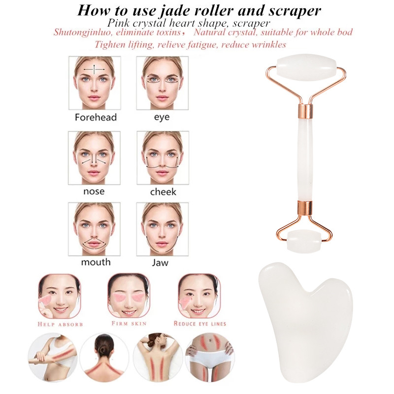 Natural Rose Jade görgős arcmasszírozó Natural White Jade Gua Sha kaparó henger Jade kaparó maszk ecset három részes készlet