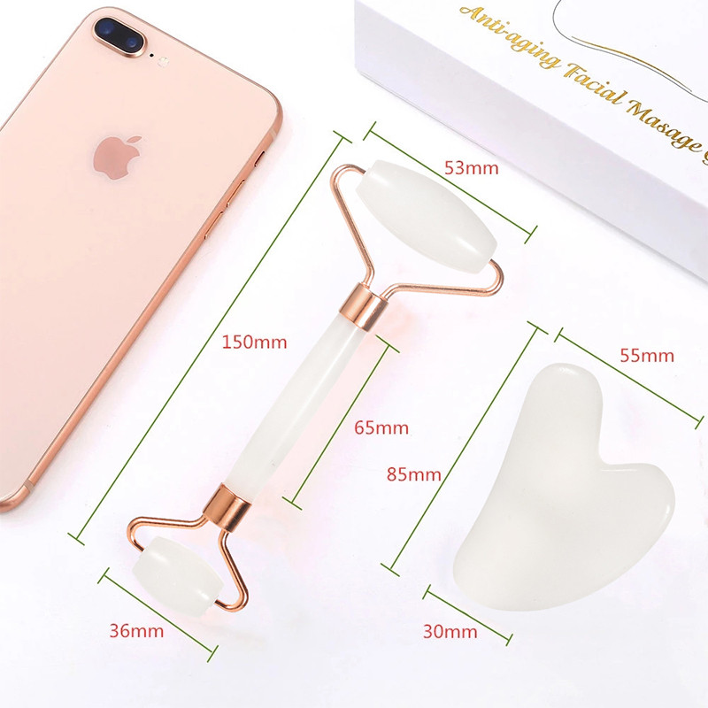 Natural Rose Jade görgős arcmasszírozó Natural White Jade Gua Sha kaparó henger Jade kaparó maszk ecset három részes készlet
