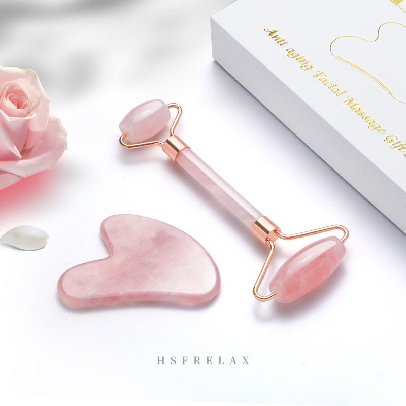 Najprodavaniji Privatna robna marka Visokokvalitetni Guasha 100% prirodni kvarcni ružičasti zlatni masažer od žada Roller za lice protiv starenja Roll za lice