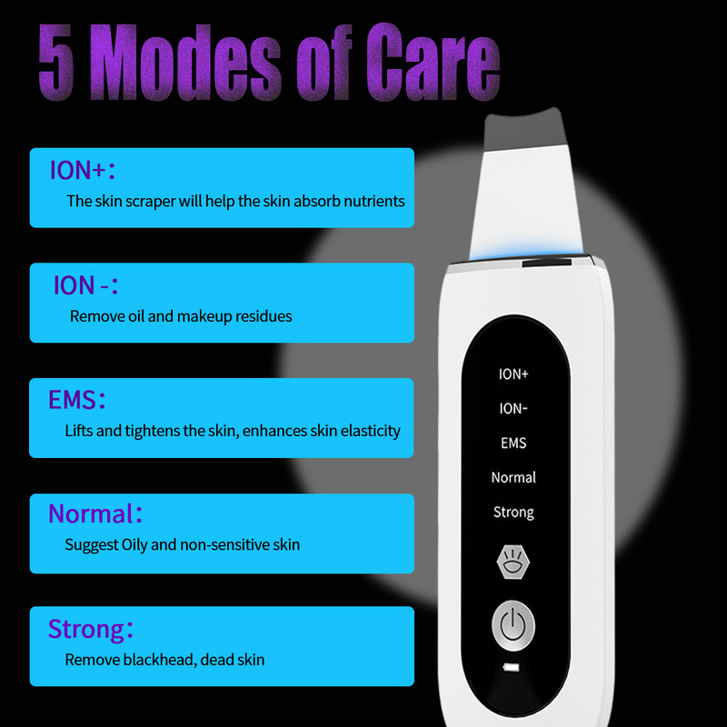 Ultrasonic Skin Scrubber Cleaner Face Care Πόροι Αφαίρεση σπυριών ακμής Φτυάρι Peeling προσώπου Σπάτουλα Μασάζ Όργανο ομορφιάς