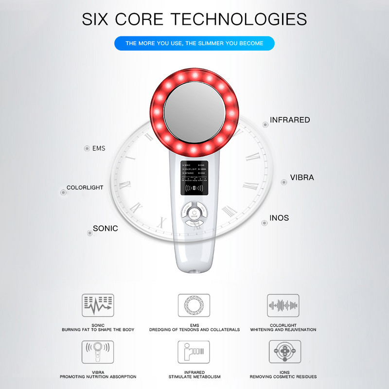 6-in-1 EMS liekninantis infraraudonųjų spindulių terapijos masažuoklis RF ultragarsinis kavitacijos anticeliulitinis masažas riebalus deginantis liekninamasis prietaisas