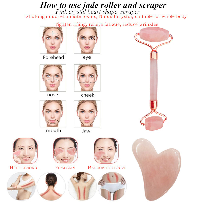 Rózsakvarc Púder Kristály Jade Roller Masszázs Spa Természetes Rózsaszín Kézzel Készített Gua Sha Stone Arc Beauty Device Arc Bőrápoló eszköz