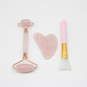 Rose Quartz Roller Scraping Stone Massk Brush Set Natural Pink Quartz Jade Roller Gua Sha Scraper Εργαλεία περιποίησης προσώπου για μασάζ προσώπου