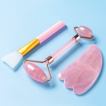 Rose Quartz Roller Scraping Stone Massk Brush Set Natural Pink Quartz Jade Roller Gua Sha Scraper Εργαλεία περιποίησης προσώπου για μασάζ προσώπου