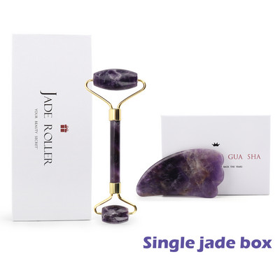 Eredeti ametiszt jade henger Gua Sha készlet, természetes tartós, zajtalan ametiszt arcmasszírozó arcmasszírozó görgő bőrre, szemekre, nyakra