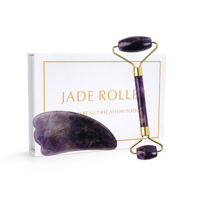 Eredeti ametiszt jade henger Gua Sha készlet, természetes tartós, zajtalan ametiszt arcmasszírozó arcmasszírozó görgő bőrre, szemekre, nyakra