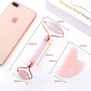 Τριών τεμαχίων Rose Quartz Roller Facial Massager 100% Natural Stone Roller Jade Roller Micro-needle Roller Jade Spatula Περιποίηση προσώπου