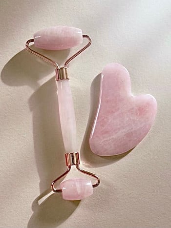 Rose Quartz Gua Sha Ρολό από φυσική πέτρα νεφρίτη και σετ Gua Sha Σετ μασάζ Ρολό προσώπου Περιποίηση δέρματος Προσώπου Κρύσταλλο απορρόφησης λαδιού