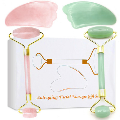 Natūralus nefrito ritininis plonas veido masažuoklis, pakeliantis priemones Lifting Facial Gua Sha Green Stone Anti-senėjimo raukšles Crystal Guasha rinkinių dėžutė