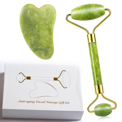 Természetes Jade Roller vékony arcmasszírozó lifting eszközök karcsú arcápoló Gua Sha zöld köves öregedésgátló ránctalanító kristály Guasha készletek doboza