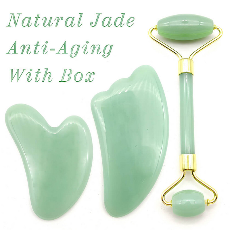 Természetes Jade Roller vékony arcmasszírozó lifting eszközök karcsú arcápoló Gua Sha zöld köves öregedésgátló ránctalanító kristály Guasha készletek doboza