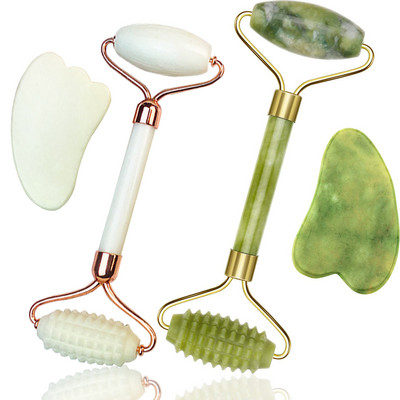 2 vienetų Jade Roller veido ritinėlių rinkiniai Odos volelis su Gua Sha grandioziniu masažo įrankiais nuo senėjimo ir veido raukšlių