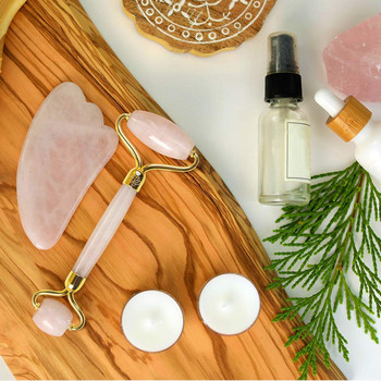 Εργαλείο μασάζ προσώπου με ρολό νεφρίτη Φυσικό ροζ χαλαζία Jade Roller Guasha Kit Αδυνατίσματος προσώπου Μασάζ δέρματος Lifting Stone Beauty Care Tool