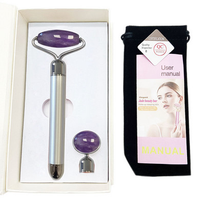 Rolă de jad cuarț trandafir natural 2 în 1 cu vibrație electrică pentru ridicarea feței cristal de piatră de jad rolă facială instrument de masaj pentru frumusețe