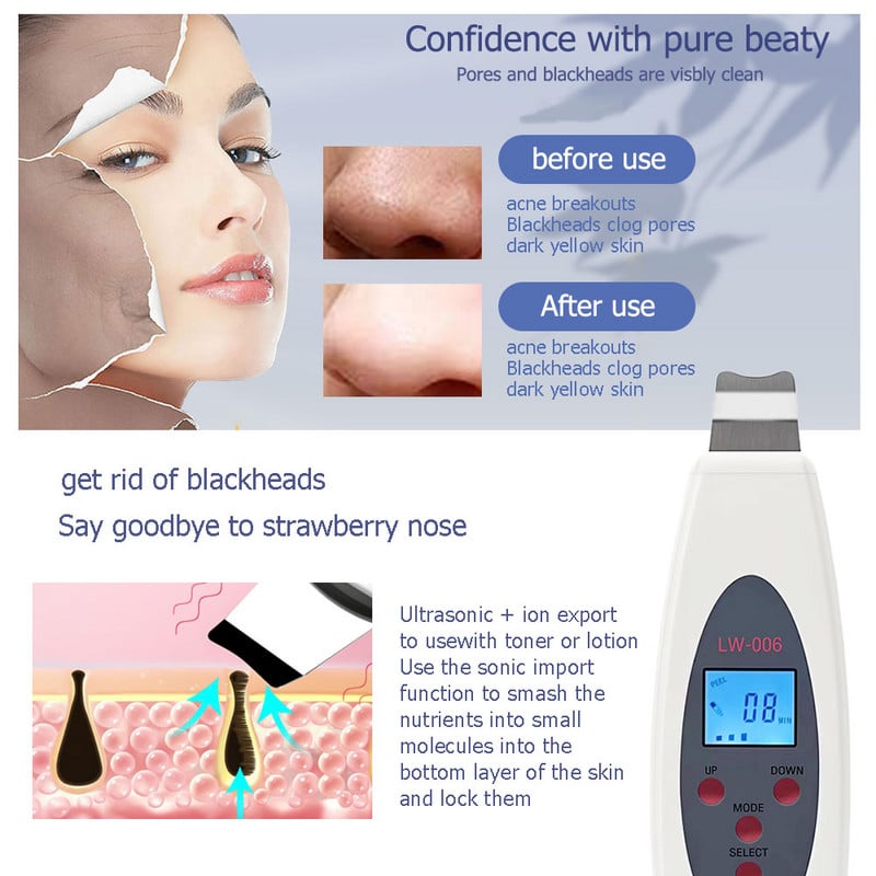 Ultrahangos bőrradír mély arctisztító gép eltávolítása Arcmasszírozó Ultrahangos peeling Clean Tone Lift LW006