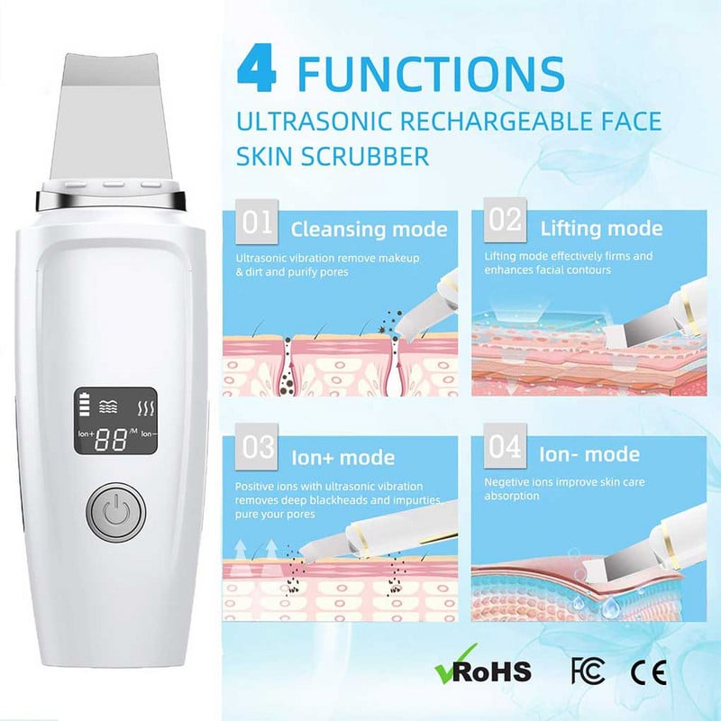 Ultrahangos tisztító arcradír Led Ems ionos masszírozó arc peelinghez lifting mikroáramok arcra Bőrápoló spatula