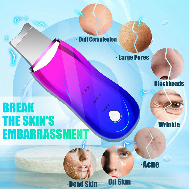 Spatulă facială cu ultrasunete micro-curent Peeling facial Scrubber cu ultrasunete pentru piele Peeling cavitație Lopă Dispozitiv de îndepărtare a acneei puncte negre