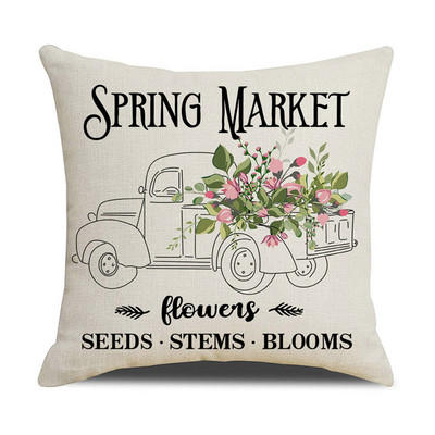 Tavaszi virágok vászon párnahuzat lakberendezési kerékpár teherautó nyomat párnahuzat nappali kanapé dekorációk párnahuzat 45x45 cm