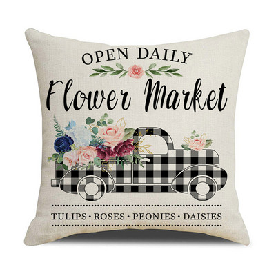 Tavaszi virágok vászon párnahuzat lakberendezési kerékpár teherautó nyomat párnahuzat nappali kanapé dekorációk párnahuzat 45x45 cm