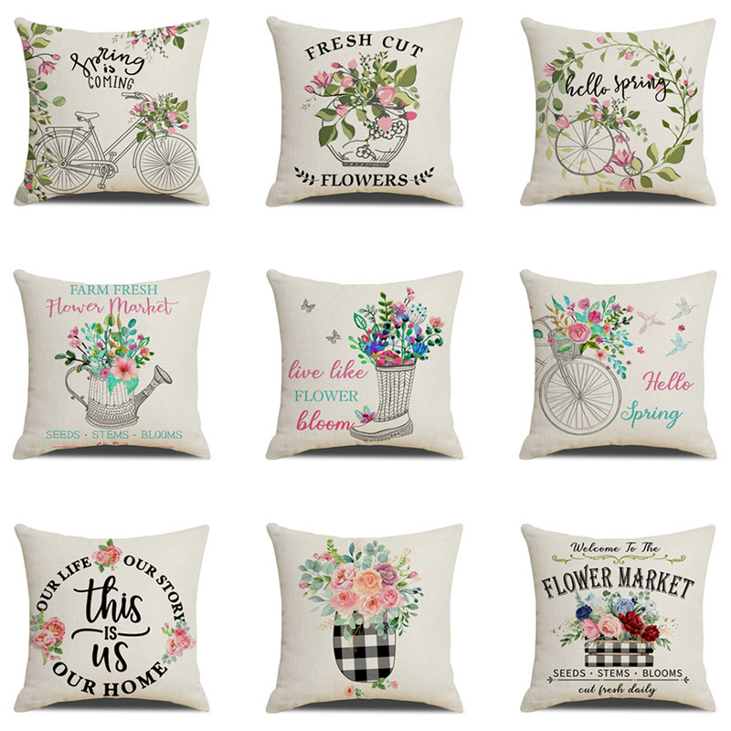 Tavaszi virágok vászon párnahuzat lakberendezési kerékpár teherautó nyomat párnahuzat nappali kanapé dekorációk párnahuzat 45x45 cm