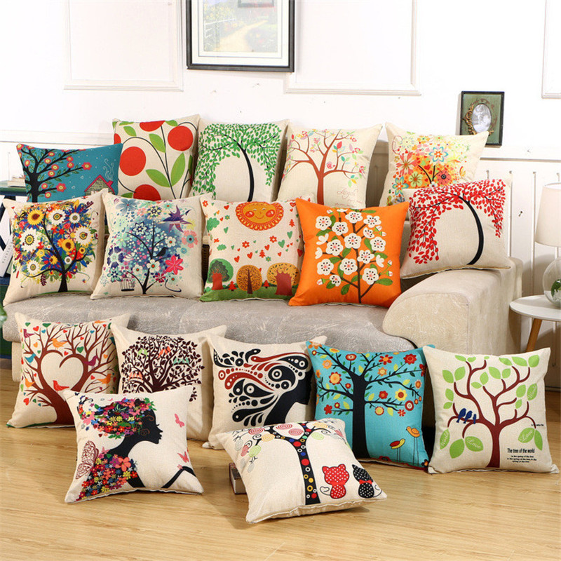 Nordic Tree Flower Print Lanena Jastučnica Jastuk Navlaka za Kućni Kauč Ukrasni Jastuk Navlaka za Jastuk 45x45cm