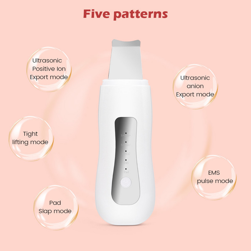 Ultrasonic Skin Scrubber Peeling Shovel Ion Acne Remover Face Lifting Facial Massager 5 Modes Deep Cleaning Machine