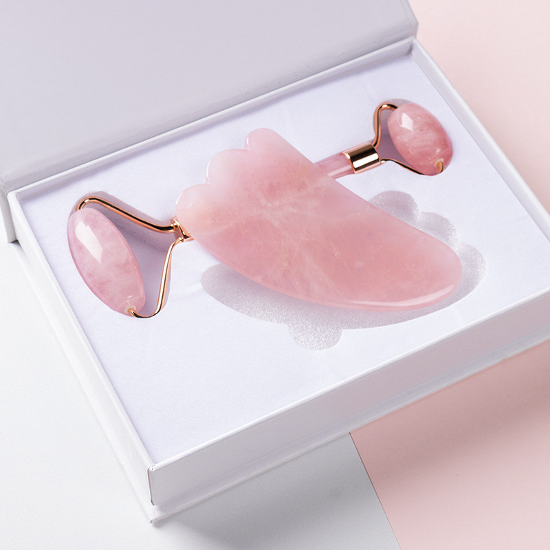 Természetes jade henger Gua Sha készlet Rózsakvarc Arcmasszírozó Roller Rózsaszín Zöld Jade Köves Guasha Kaparó Arc Lift Eszköz Bőrápolás