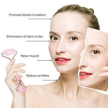Автентичен нефритов валяк, инструменти за грижа за кожата за красота на лицето, естествен валяк от розов кварц и комплект масажор за лице Gua Sha 3-в-1 с камъни