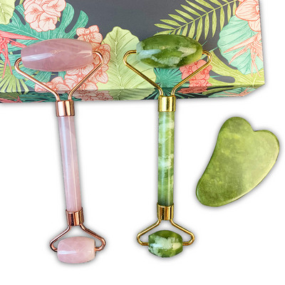 Eredeti Jade henger, Facial Beauty Skin Care Tools, Natural Rose Quartz Roller és Gua Sha 3 az 1-ben kő arcmasszírozó készlet