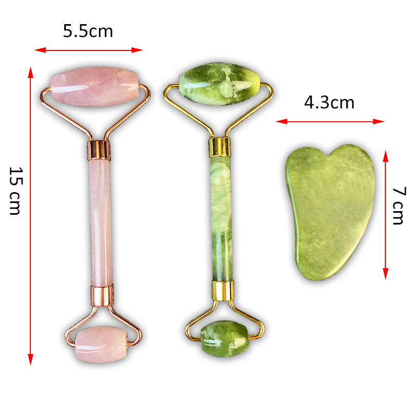Eredeti Jade henger, Facial Beauty Skin Care Tools, Natural Rose Quartz Roller és Gua Sha 3 az 1-ben kő arcmasszírozó készlet
