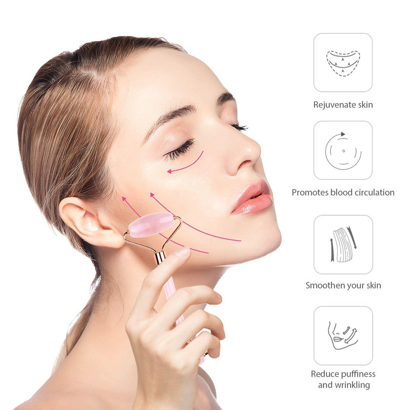 Eredeti Jade henger, Facial Beauty Skin Care Tools, Natural Rose Quartz Roller és Gua Sha 3 az 1-ben kő arcmasszírozó készlet