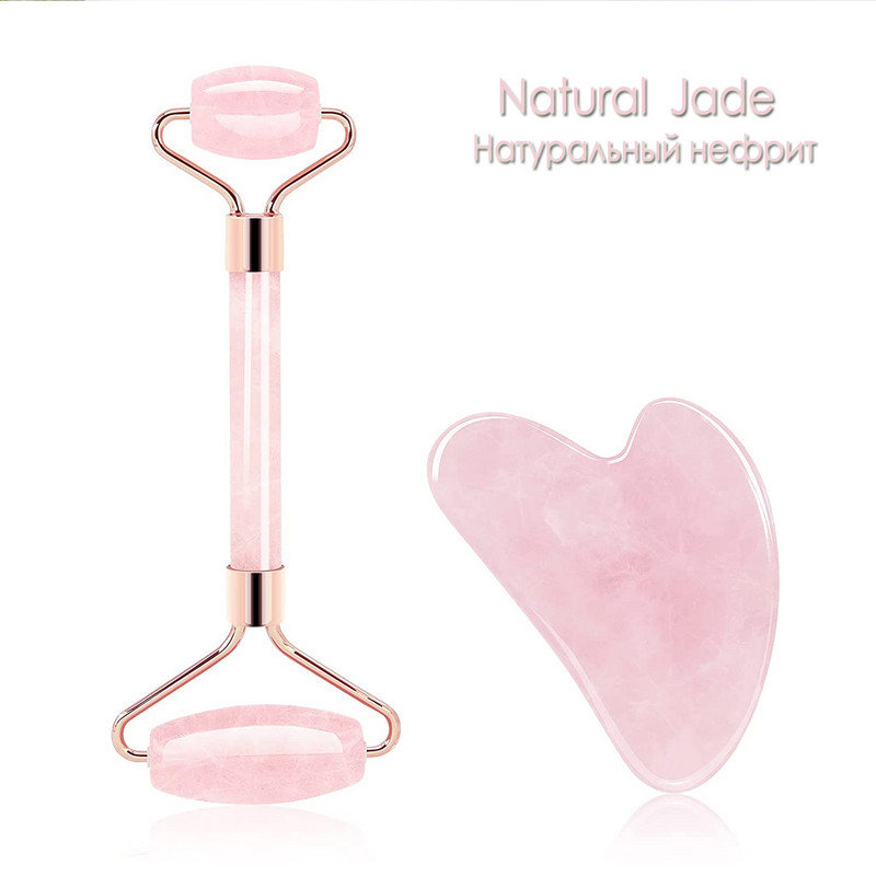 Kiváló minőségű természetes jade henger és gua sha ajándék szett Rózsakvarc archenger, Arcszépítő görgős bőrápoló eszközök Arcmasszázs