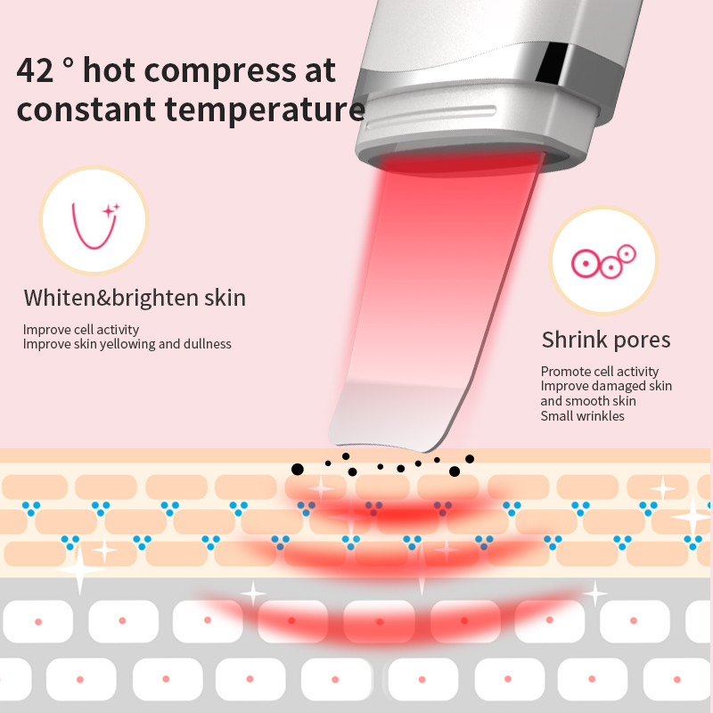 42℃ Fűtés Ultrahangos arcbőrradír Állandó hőmérsékletű Ion Arc Mélytisztító Peeling Lapát Hámlasztó Bőrápoló