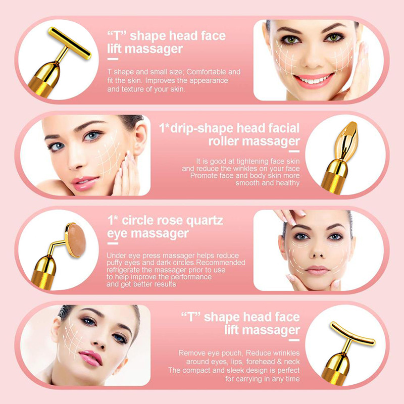 ÚJ 4 az 1-ben Vibráló Rózsakvarc Hengeres Arc Görgő Szemmasszírozó Jade Roller T/V formájú Face Lifting Karcsúsító Beauty Bar masszázs